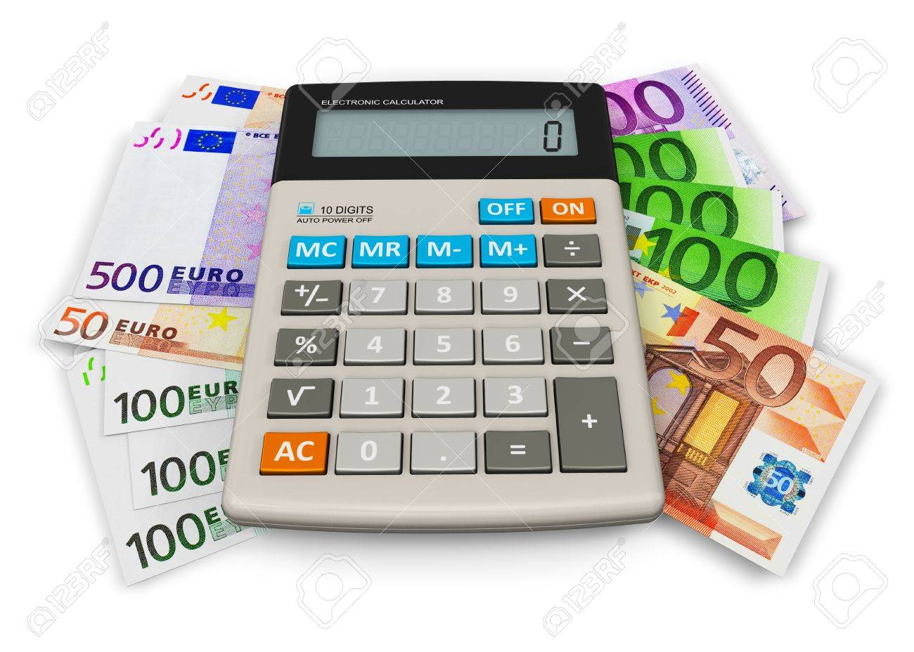 11334133-concept-de-comptabilité-financière-calculatrice-de-bureau-sur-le-tas-de-billets-en-euros-isolé-sur-fond-bl